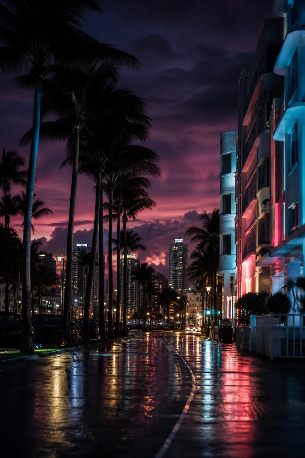 Miami at night, palms and neon along Ocean Drive