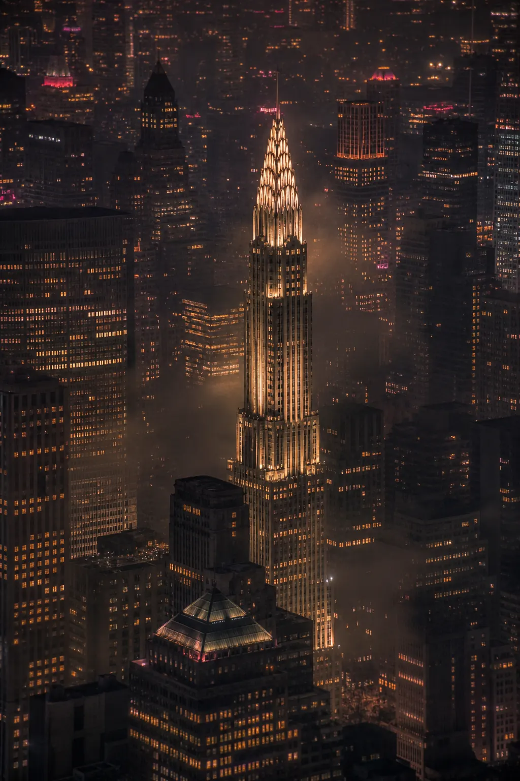 Manhattan at night, illuminated skyscrapers
