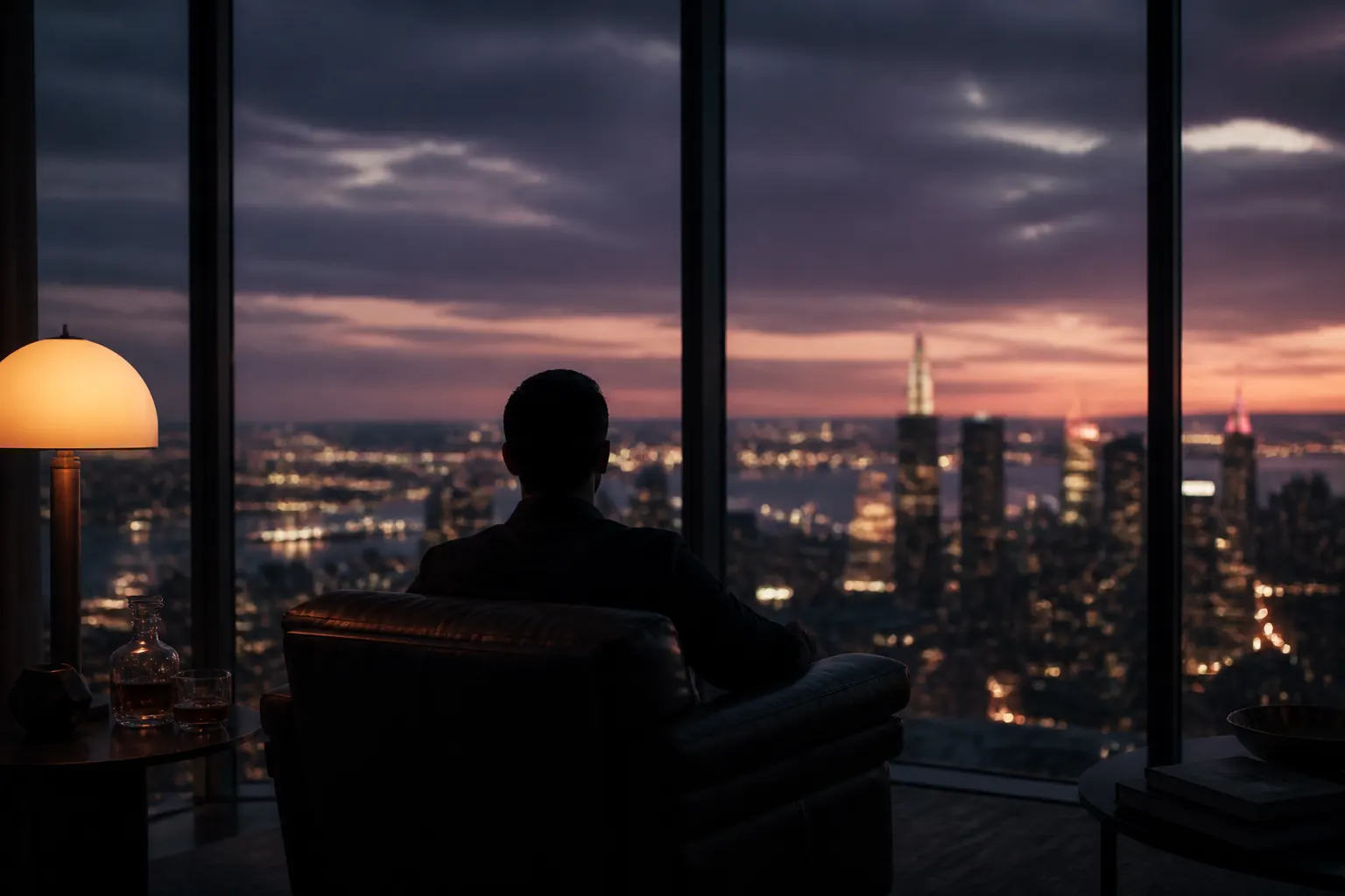 Interior of a penthouse at dusk overlooking the skyline